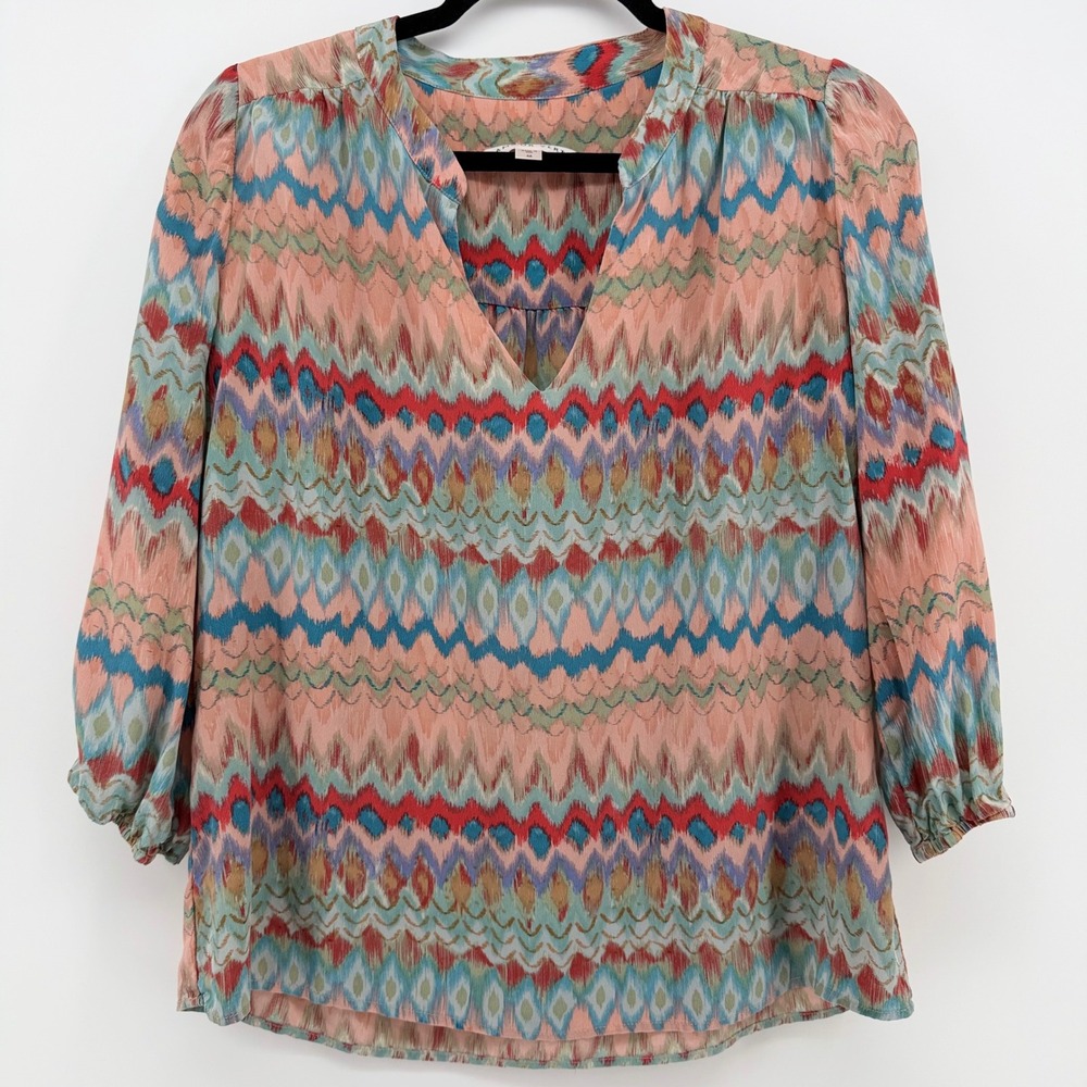 Amour Vert 100% Silk Blouse Medium Pink Ikat Boho Peasant Top USA Made